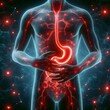 Human silhouette with glowing stomach gut  intestine, medical healthcare concept