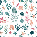 Fototapeta Dziecięca - Seamless vector pattern. Cute sea plants starfish seashells jellyfish. Vector illustration