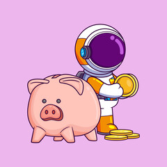 Cute astronaut saving money in a piggy bank cartoon character