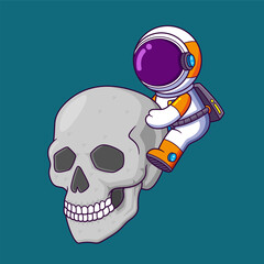 Wall Mural - Cute astronaut climbing big sculpture skull head cartoon character