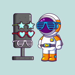 Wall Mural - Cute astronaut is standing with set of glasses in background in optical shop