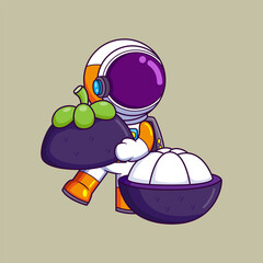 Wall Mural - Cute astronaut eating a big mangosteen cartoon character