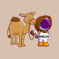 Wall Mural - A Astronaut and a camel traveling in the desert caravan