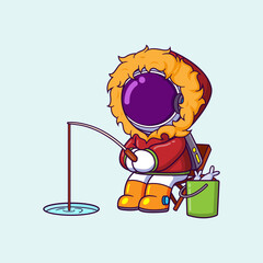 Wall Mural - astronaut fishing in the ice hole with space