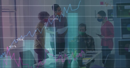 Poster - Image of statistics recording over team of colleagues in office wearing face mask
