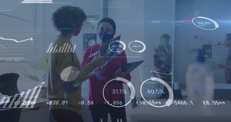 Poster - Image of statistics recording over colleagues in office wearing face masks