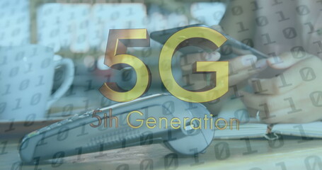 Poster - Image of 5g 5th generation text over woman paying with smartphone