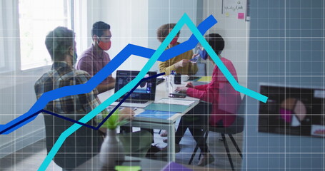 Poster - Image of statistics recording with blue lines over team of colleagues wearing face masks