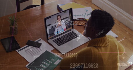 Poster - Image of numbers changing over woman using laptop on image call in background