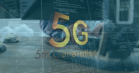 Canvas Print - Image of 5g 5th generation text over data processing and person using computer in background