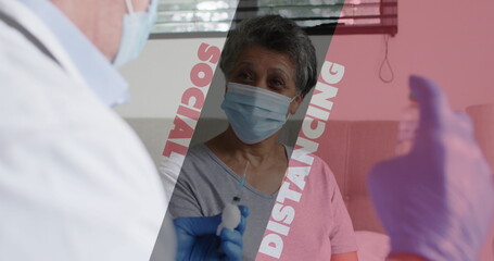 Sticker - Image of social distancing text over senior woman receiving vaccination wearing face mask