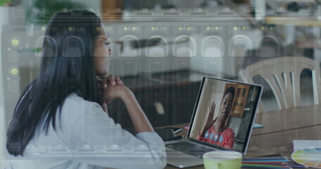 Poster - Image of close up of computer server over woman using laptop on image call in background