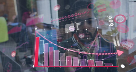 Poster - Image of statistics recording and covid 19 cells over man drawing in office wearing face mask