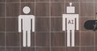 Restroom signs depict a human and an AI figure on a tiled wall