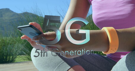 Poster - Image of 5g 5th generation text with globe spinning over woman using smartphone