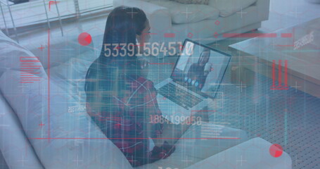 Poster - Image of numbers changing and statistics recording over woman using laptop on image call
