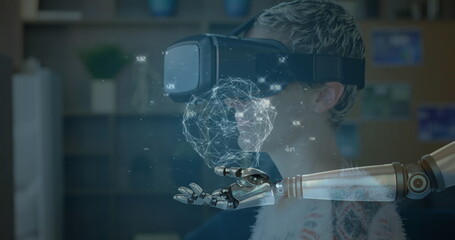 Poster - Image of globe of connections over robot's arm and woman wearing vr headset in background
