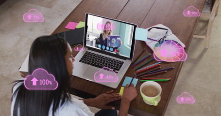 Poster - Image of digital pink clouds with numbers growing over woman using laptop on image call