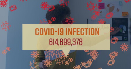 Poster - Image of covid 19 text and cells over woman in office giving presentation wearing face mask