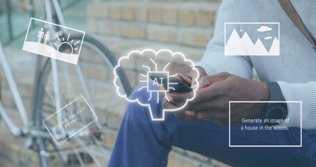 Poster - Image of ai data processing over african american man using smartphone