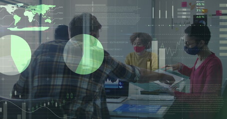 Poster - Image of statistics recording over man team of colleagues in office wearing face masks