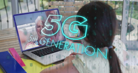 Canvas Print - Image of 5g 5th generation text over girl in face mask using laptop on image call in background