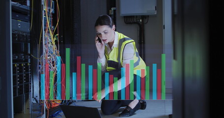 Poster - Image of graphs over caucasisn woman working in server room