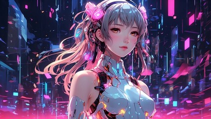 Wall Mural - In a mesmerizing cybernetic wonderland of flickering glitches and cascading data, an ethereal anime character stands illuminated by vibrant neon hues. 