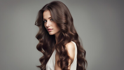 Portrait of beautiful young woman with long wavy hair. Back view.