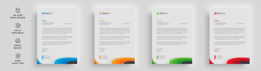 Wall Mural - letterhead modern corporate minimal abstract clean simple creative layout shape 4 color package unique attractive a4 size flyer poster magazine business company newsletter vector template design