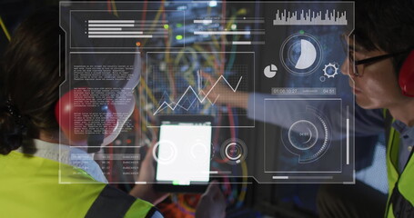 Poster - Image of data processing on screens over diverse woman and man checking servers