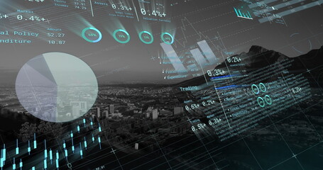 Sticker - Image of financial data processing over cityscape