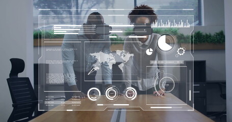 Poster - Image of data processing over diverse business people using vr headsets