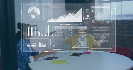 Poster - Image of data processing over biracial businesswoman using vr headset
