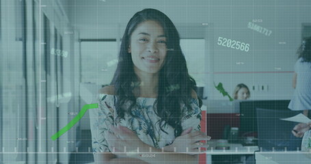 Poster - Image of interface with data and smiling businesswoman and colleagues working in office
