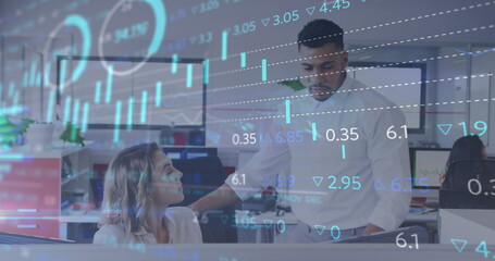 Poster - Image of interface showing data and statistics with business colleagues working in office