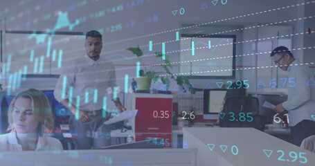 Poster - Image of interface showing data and statistics with business colleagues working in office