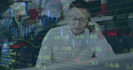 Poster - Image of interface showing data and statistics with businessman on phone in office