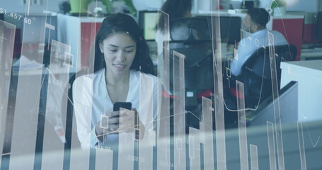 Poster - Image of interface showing data and statistics with businesswoman working in office