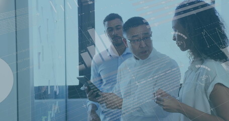 Poster - Image of interface showing data and statistics with business colleagues working in office