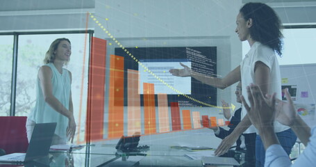 Poster - Image of interface showing data and statistics with businesswomen shaking hands in office