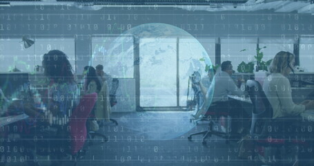 Poster - Image of digital interface showing globe and information with business people working in office