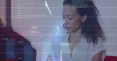Poster - Image of interface showing data and statistics with businesswoman talking in meeting