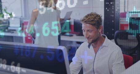 Poster - Image of interface with financial data with businessman and colleagues working in office