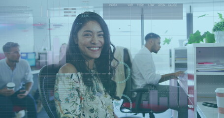 Poster - Image of interface showing data and statistics with businesswoman and working in office