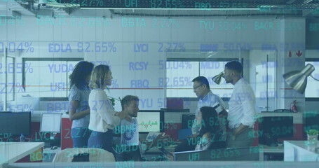Poster - Image of interface showing data and statistics with business colleagues talking in office