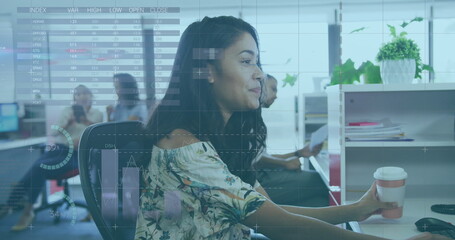 Poster - Image of interface showing data and statistics with businesswoman and working in office