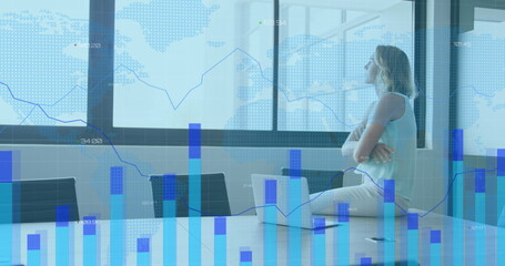 Poster - Image of interface showing data and statistics with businesswoman using laptop in office