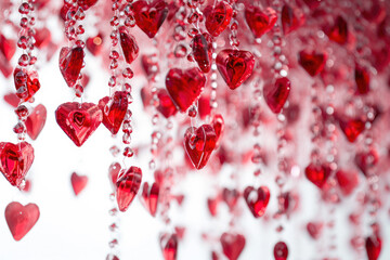 Wall Mural - Valentine's Day background with red heart pendants and sparkling lights. Romantic celebration.