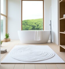 Poster - A white bathtub sits in a room with a wooden floor. Generative AI.